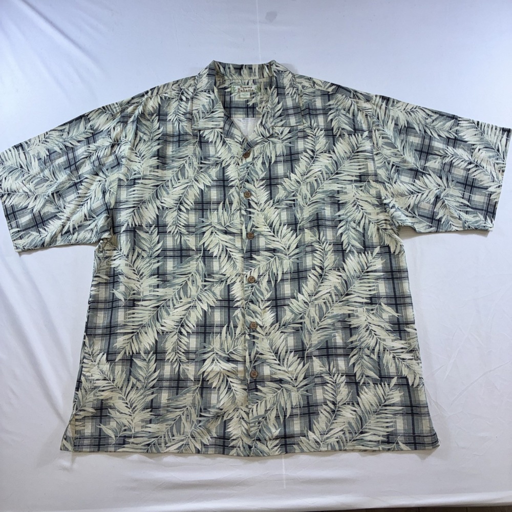 Tommy Bahama Mens XL‎ Silk Camp Shirt Plaid Tropical Palm Leaf Grey Short Sleeve